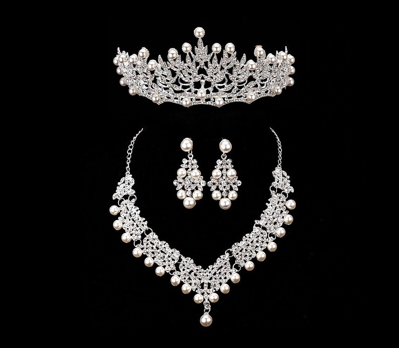 Wedding Tiara Jewelry Pearl Set Set Bridal Silver Tiara Crown Etsy