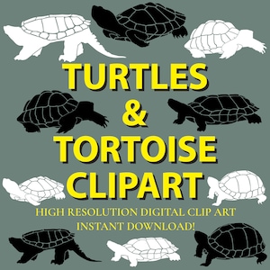 May include: A digital clipart set of black and white turtle and tortoise silhouettes. The set includes 9 different turtle and tortoise designs. The text "TURTLES & TORTOISE CLIPART" is displayed in yellow letters. The text "HIGH RESOLUTION DIGITAL CLIP ART INSTANT DOWNLOAD!" is displayed in black letters.