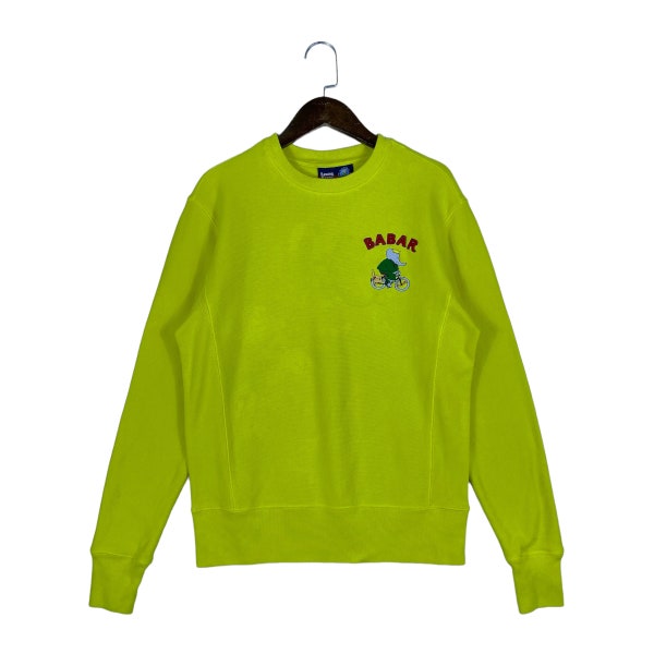Vintage Rowing Blazers X Babar Heavy Sweatshirt Crewneck Made In Portugal Neon Green Pullover Jumper Size XS