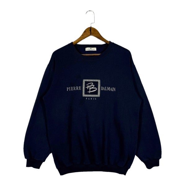 Vintage Pierre Balmain Paris Crewneck sudadera gran logotipo bordado azul marino jersey tamaño L