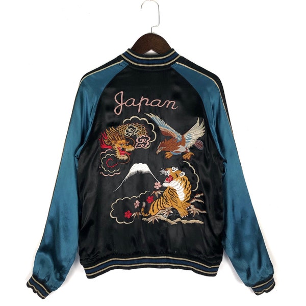 Vintage Reversible Souvenir Sukajan Jacket Eagle Hawk Tiger Dragon Japan Embroidery Japanese Traditional Zip Up Size M