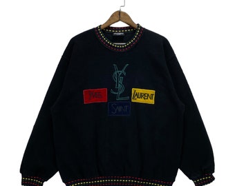 Vintage 90s Yves Saint Laurent Fleece Sweatshirt Crewneck Ringer Big Logo Embroidery Black Pullover Jumper Size M