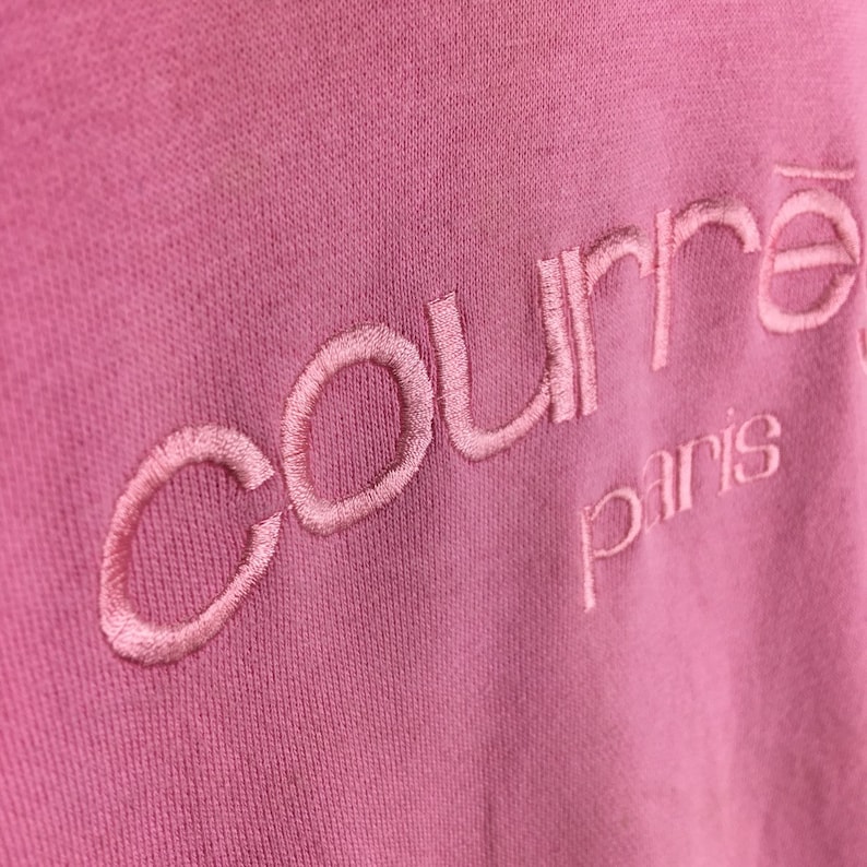 Vintage Andre Courreges Paris Crewneck Sweatshirt Embroidery Big Logo Pink France Designer Pullover Jumper Size M