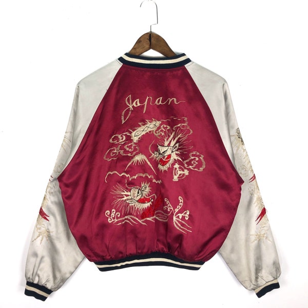 Vintage Sukajan Souvenir Jacke Dragon Japan Stickerei Japanisches Traditionelles Maroon Zip Up Größe L