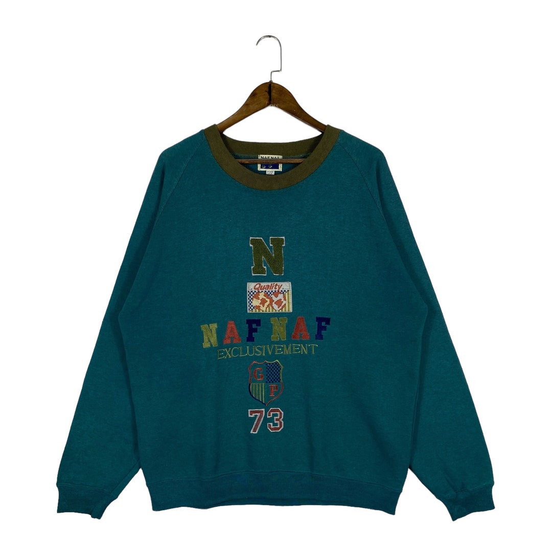 Vintage Naf Naf Paris sweater ronde hals groot logo geborduurde groene trui trui maat XL Etsy Nederland