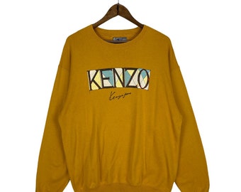 Vintage Kenzo Jeans Crewneck Sweatshirt Big Logo Kenzo Paris Made In Japan Yellow Pullover Jumper Size L