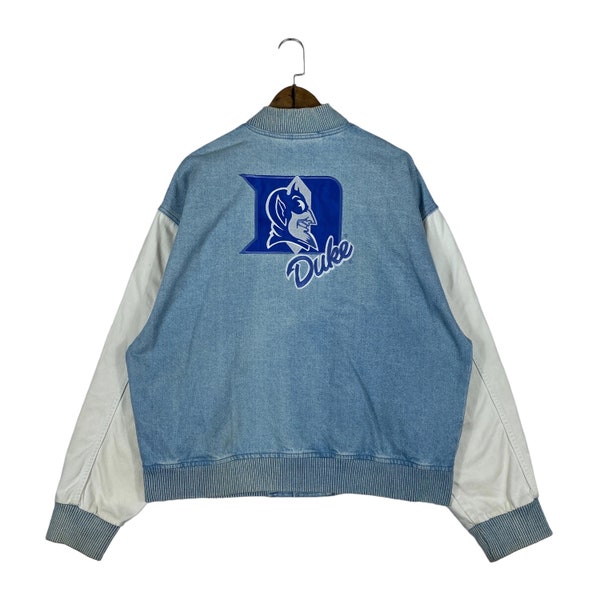 Vintage 90s Duke University Blue Devils chaqueta de mezclilla hecha en EE.UU. Varsity Snap Button Bomber Tamaño L