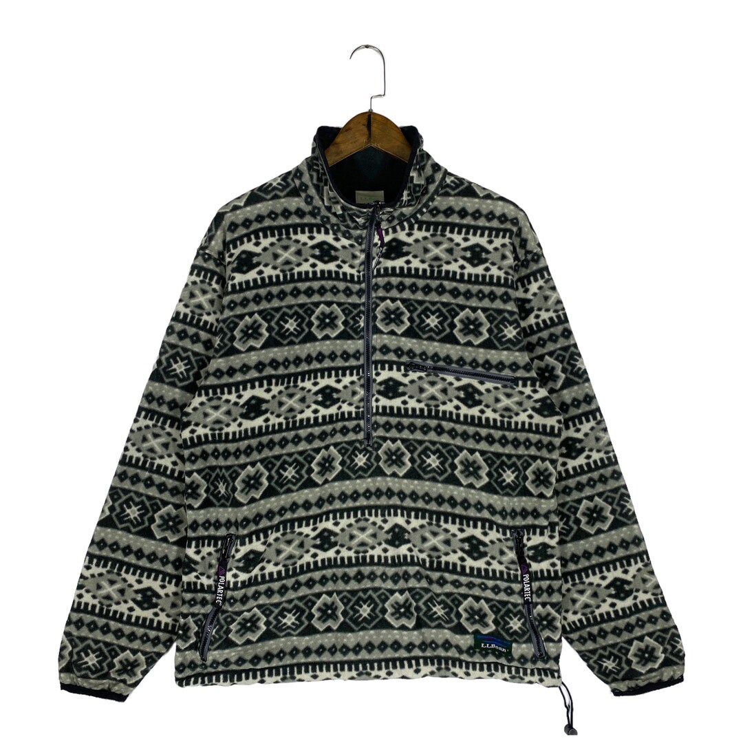 Veste Polaire Vintage L.L.Bean Homme – Gris Aztèque Années 90, Taille M, Snaps