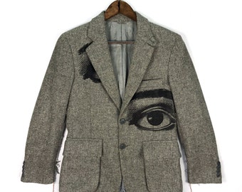 Stunning!! Libertine Distressed Printed Eyes Blazer Johnson Hartig & Condy Greene Wool Jacket Coat Size M