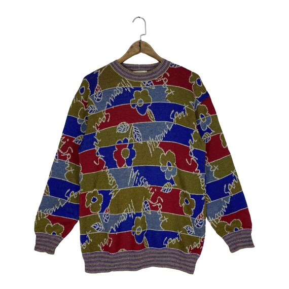 Vintage 90s Missoni Sport Knit Sweater Flower Pattern Mulicolor 