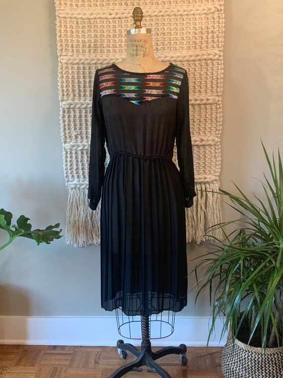 Vintage black dress with sparkly, mulitcolor colla