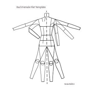 May include: A black and white line drawing of a female fashion flat template. The template shows the back view of a woman's body with arms outstretched. The template is labelled "Back Female Flat Template".