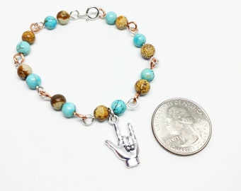 ASL, I Love You handgebaar armband in Amerikaans teken, doof, turkooizen kralen, jaspis kaartsteenkralen, nikkelvrij, handgemaakt, Colorado, natuurlijk