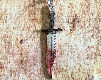 Distressed Knife Pendant Necklace, Antique Silver Blade, 24 inch Chain
