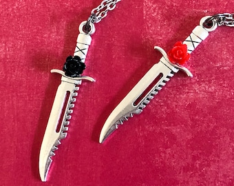 BFF Knife Necklaces For Two: Silver-Plated Rose Charm Jewelry