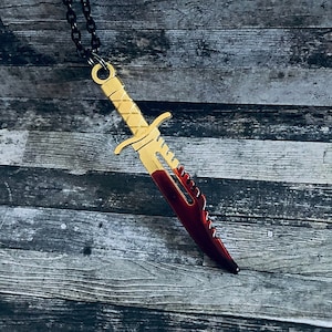 Bloody Knife Pendant Necklace, Horror Gift, Slasher Necklace, Horror Slasher Pendant, Gold Tone Knife Pendant, True Crime Lover Gift