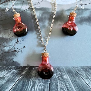 Horror Jewelry, Vampire Goth, Blood Bottle Jewelry Set, Vampire Jewelry, Mini Glass XO Wine Flask Charm, Blood Jewelry, Macabre Jewelry