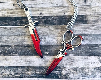 Best Friends Necklace, BFF Knife and Scissor Necklaces For Two, Best Friend Gift, Blood Splattered Jewelry, Best Friend Jewelry, Horror Gift