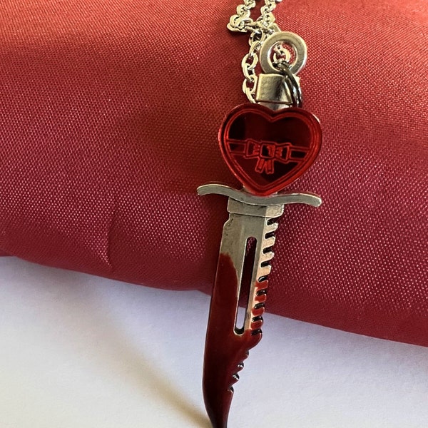 Horror Valentine, Bloody Valentine, Heart Shaped Box Necklace, Knife Pendant Necklace, Blood Splattered, Horror Gift, Dagger Necklace