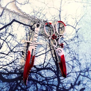 Unique Horror Bloody Knife and Scissors Necklace