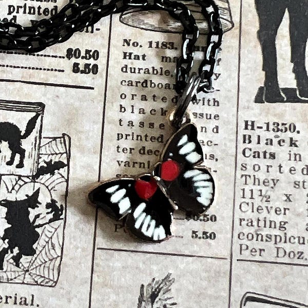 Cryptid Mothman Necklace: Red-Eyed Butterfly Pendant, 24" Black Chain