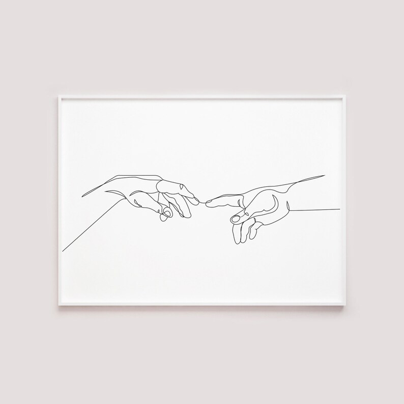 Home wall decor Adam and god hands Printable wall art The creation of adam Hands print One line drawing Black and white sketch art