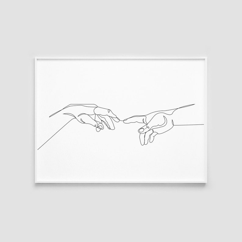 Home wall decor Adam and god hands Printable wall art The creation of adam Hands print One line drawing Black and white sketch art