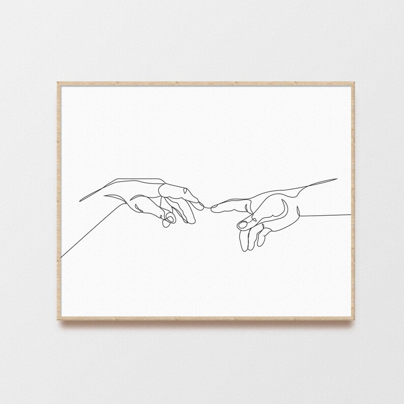 Home wall decor Adam and god hands Printable wall art The creation of adam Hands print One line drawing Black and white sketch art
