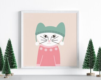 Weiße Katze Illustration Print, Winter Wand Print, Katzen Wand Print, druckbare Winter Dekor, Kinderzimmer Animal Print, Trendy Cat Print