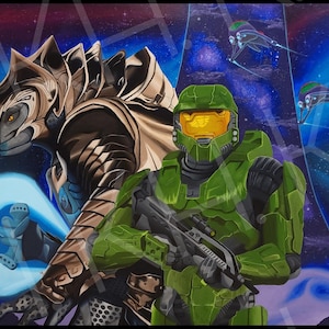 May include: A green and black space warrior with a yellow visor stands next to a brown and grey alien warrior with a blue energy blade. The background is a dark blue and purple galaxy with stars and spaceships.