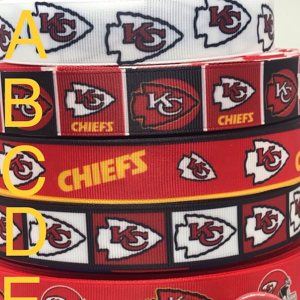 Los Kansas City Chiefs inspiraron una cinta de grosgrain de 7/8" o 1,5" y/o respaldos planos coordinados de 1". Perfecto para hacer arcos y muchas otras manualidades.