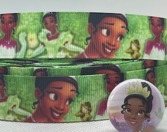 PRINCESS TIANA inspired 7/8&quot; grosgrain ribbon and/or coordinating 1&quot; flatbacks. Perfect for bow making and many other crafts.