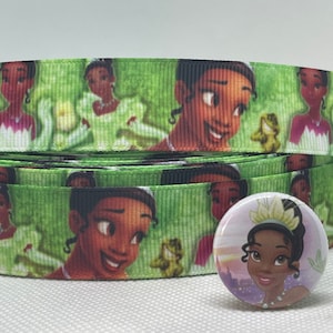 PRINCESS TIANA inspired 7/8&quot; grosgrain ribbon and/or coordinating 1&quot; flatbacks. Perfect for bow making and many other crafts.
