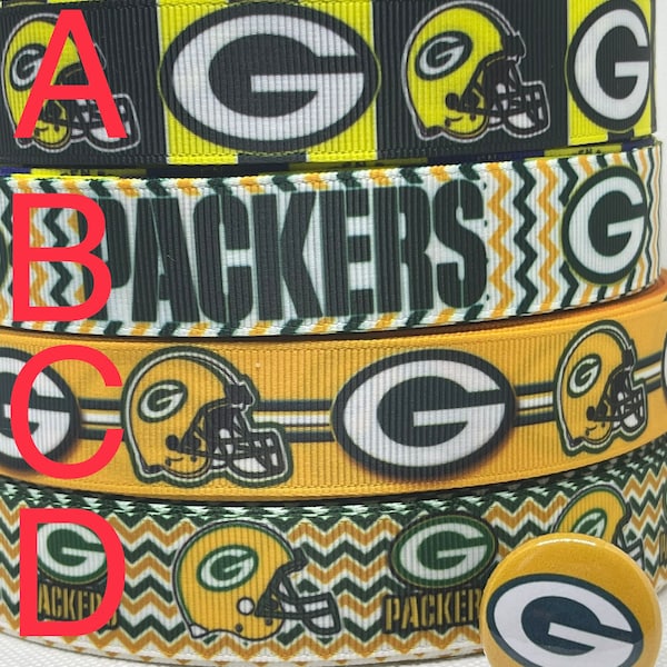 Green Bay Packers 7/8" or 1.5" inspired grosgrain ribbon and/or coordinating 1" flatbacks.  Perfect for bow making and many other crafts.