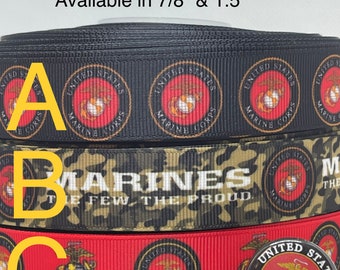 MARINES inspired grosgrain ribbon and/or coordinating 1&quot; flatbacks. Perfect for bow making and many other crafts.