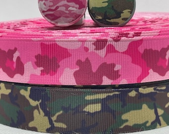 Camouflage inspired grosgrain ribbon and/or coordinating 1" flatbacks. Perfect for bow making and many other crafts.