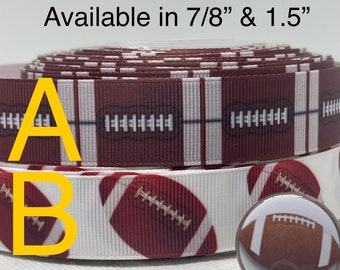 May include: Two rolls of brown and white football-themed ribbon. The ribbon has a white background with brown footballs and white stripes. The ribbon is available in 7/8" and 1.5" widths. A brown football button is also shown.
