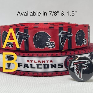 May include: Red, white, and black ribbon with the Atlanta Falcons logo and the words "Atlanta Falcons". The ribbon is available in 7/8" and 1.5" widths.