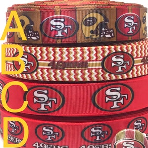 SAN FRANCISCO 49ERS inspired grosgrain ribbon and/or coordinating 1&quot; flatbacks.  Perfect for bow making and many other crafts.