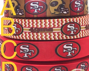 SAN FRANCISCO 49ERS inspired grosgrain ribbon and/or coordinating 1&quot; flatbacks.  Perfect for bow making and many other crafts.