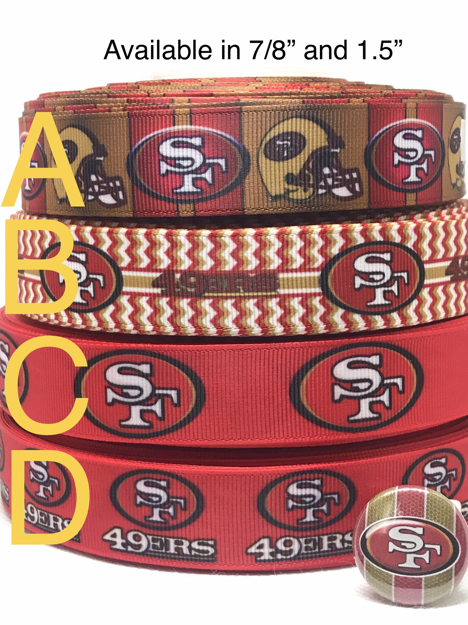SAN FRANCISCO 49ERS inspired grosgrain ribbon and/or coordinating 1" flatbacks.  Perfect for bow making and many other crafts.