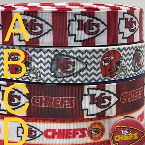 Kansas City Chiefs inspired grosgrain ribbon and/or coordinating 1&quot; flatback buttons.  Perfect for bow making and many other crafts.