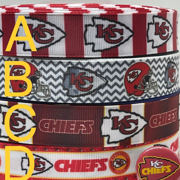 Kansas City Chiefs inspired grosgrain ribbon and/or coordinating 1" flatback buttons.  Perfect for bow making and many other crafts.