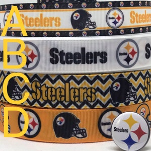 Pittsburgh Steelers inspired grosgrain ribbon and/or coordinating 1" flatbacks.  Perfect for bow making and many other crafts.