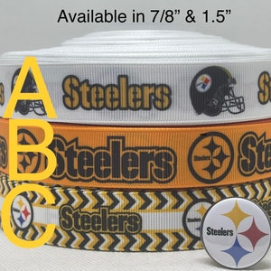 Pittsburgh Steelers inspired grosgrain ribbon and/or coordinating 1&quot; flatbacks.  Perfect for bow making and many other crafts.