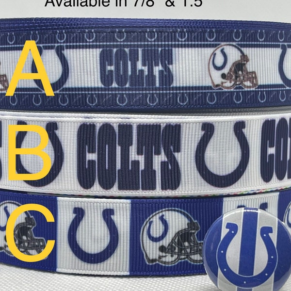 Indianapolis Colts inspired grosgrain ribbon and/or coordinating 1" flatbacks.  Perfect for bow making and many other crafts.