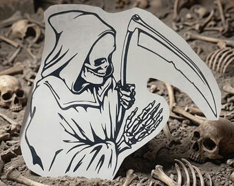 May include: A black and white sticker featuring a grim reaper illustration with a hooded cloak and a scythe. The reaper is depicted with a skeletal hand and skull face, rendered in bold lines on a white background, presented as a die-cut graphic.