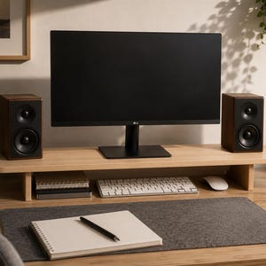May include: A light wood monitor stand with rounded edges, supporting a black computer monitor and two dark wood speakers. Beneath the stand, a white keyboard, a white computer mouse, and a stack of notebooks are placed on a desk surface.