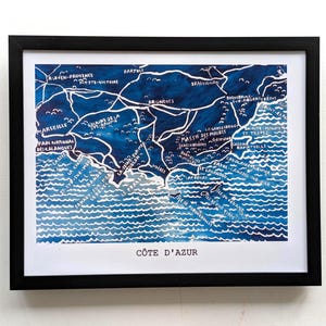 Côte d'Azur Karte Kunst | 10 in x 8 in Druck