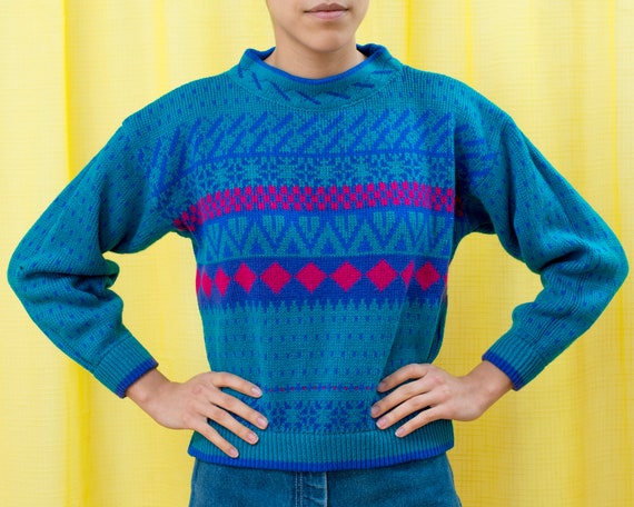 80s blue fair isle graphic sweater small